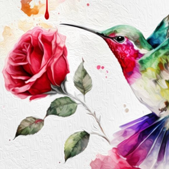 Hummingbird Rose Watercolor Oil Painting‎ Art Print - Picture 1 of 4